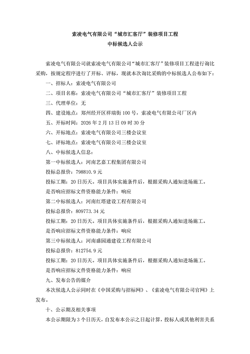 乐动在线官网“城市汇客厅”装修项目工程 中标候选人公示